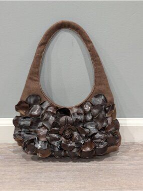 Paolo Masi Italian Leather and Brown Canvas Shoulder Bag Floral Applique Boho